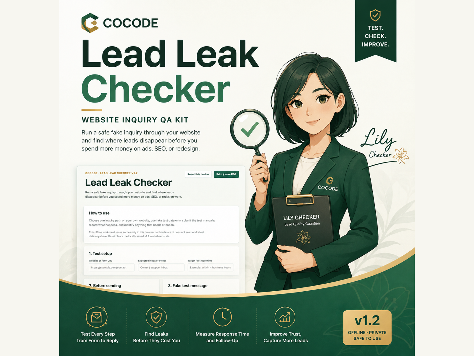 Lead Leak Checker v1.2 cover showing the Website Inquiry QA Kit worksheet.